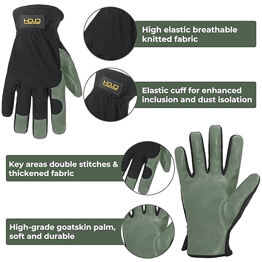 HLDD HANDLANDY Leather Gardening Gloves for Men, Utility Work Gloves for Gardening, Yardwork, Construction, Mechanics with Reinforced Palm, Green M