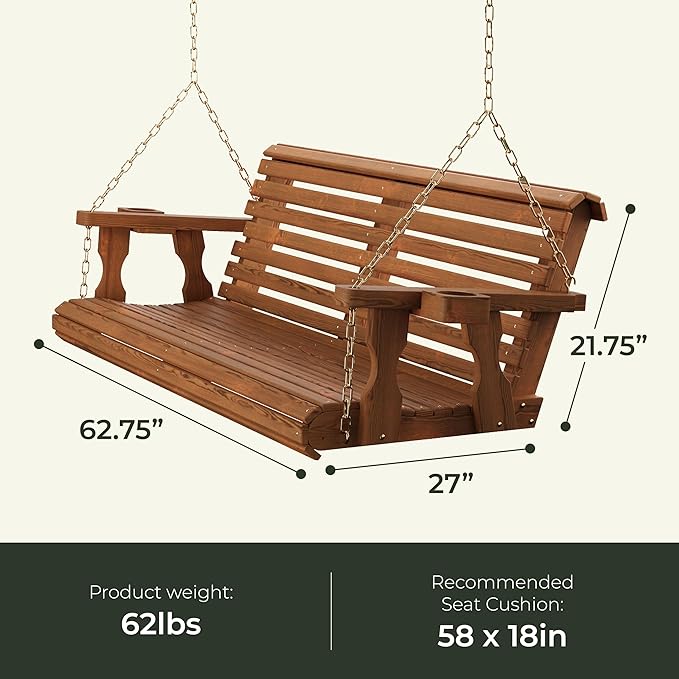 Amish Casual 6 Foot Roll Back Porch Swing with Cup Holders in Semi-Solid Gray Stain - Amish Made in The USA from Treated Pine Heavy Duty 700 Lb. Weight Capacity