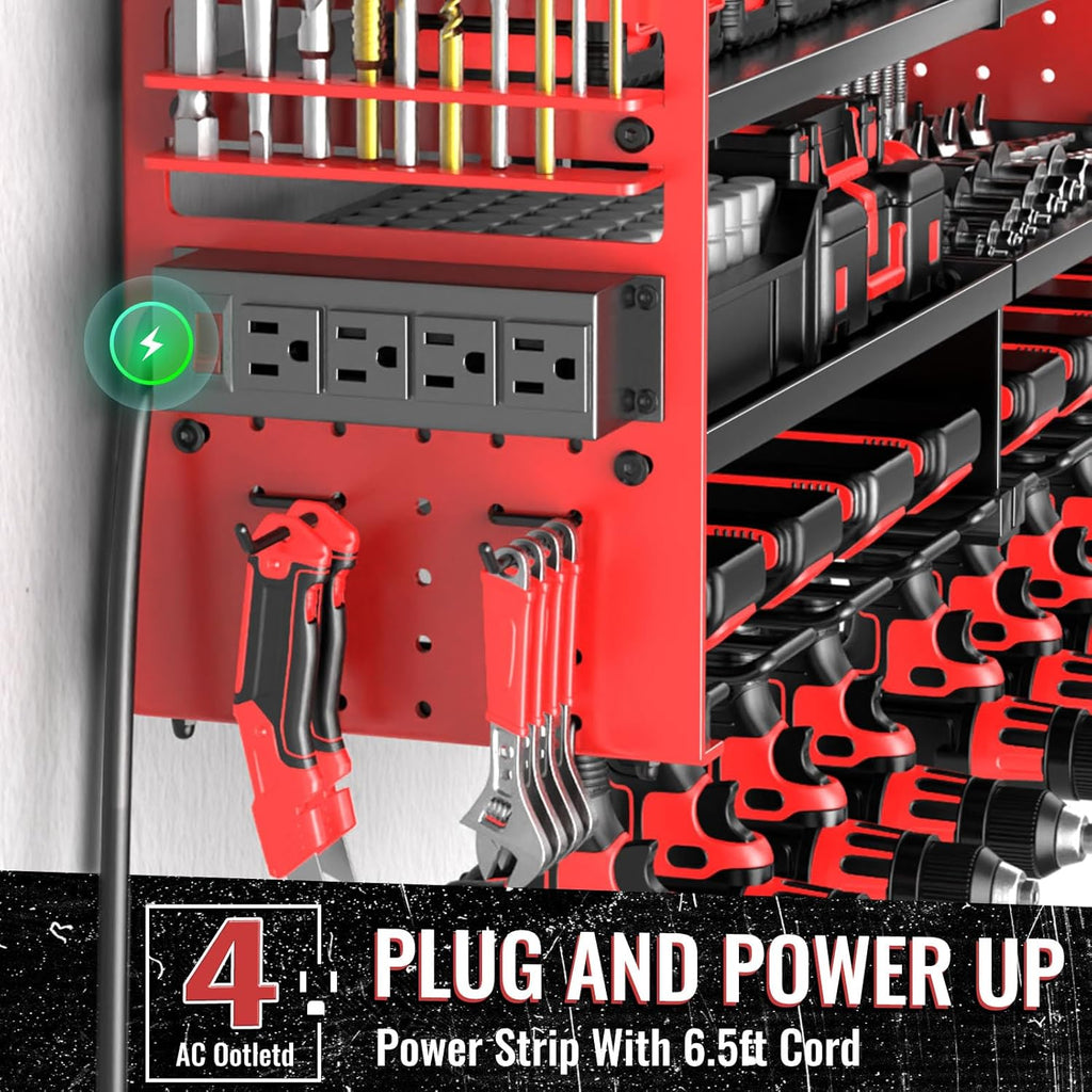 Large Power Tool Organizer Wall Mount with Charging Station, 4 Layer Heavy Duty Metal Cordless Tool Organizer, Tool Storage Rack with 8 Cordless Drill Holder Screwdriver Hammer(Red)
