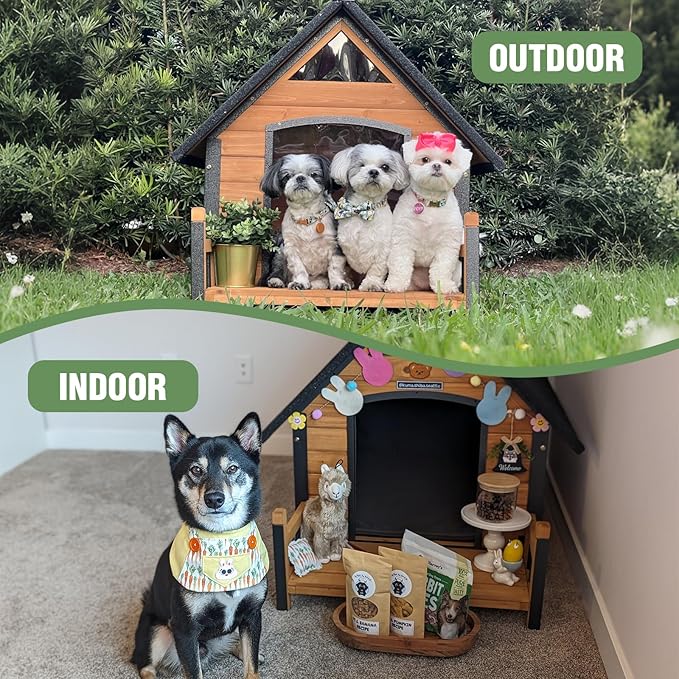 Dog House Outdoor with Anti-Chewing Iron Frame, Weatherproof Dog Kennel with Porch and Raised Feet for Small Medium Large Dogs Indoor (Brown, 45" x 32.9" x 32.6")