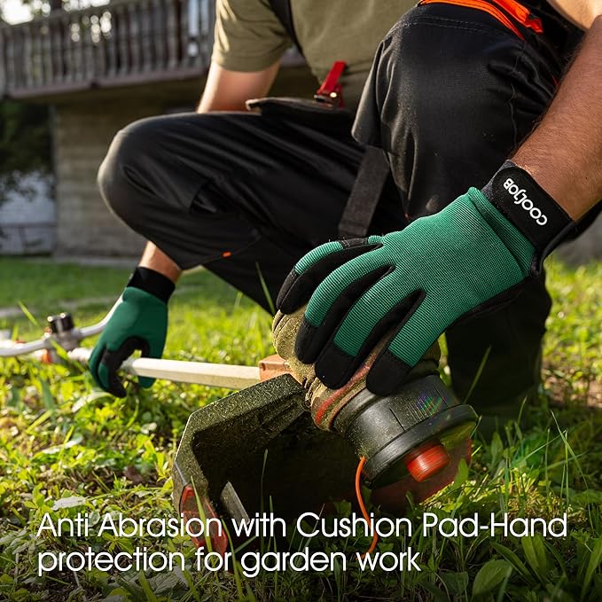 COOLJOB Thorn Proof Garden Gloves with Touchscreen Fingers for Men, Rose Pruning Work Gloves with Palm Cushion for Gardener, Farmer and Landscaper (Green 1 Pair Medium)
