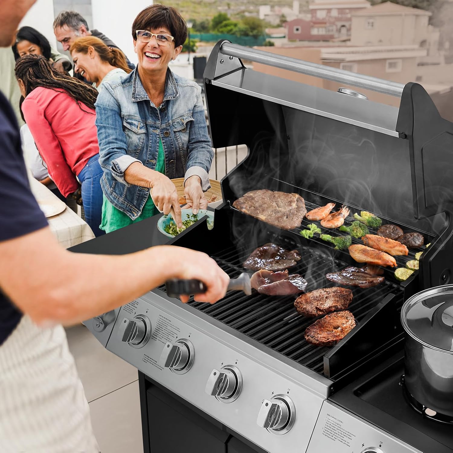 4 Burners Gas Grill with Side Burner, Propane Grill with Wheels and Storage, Outdoor Gas BBQ with Oil Tray and Thermometer for Patio and Party, 49200 BTU