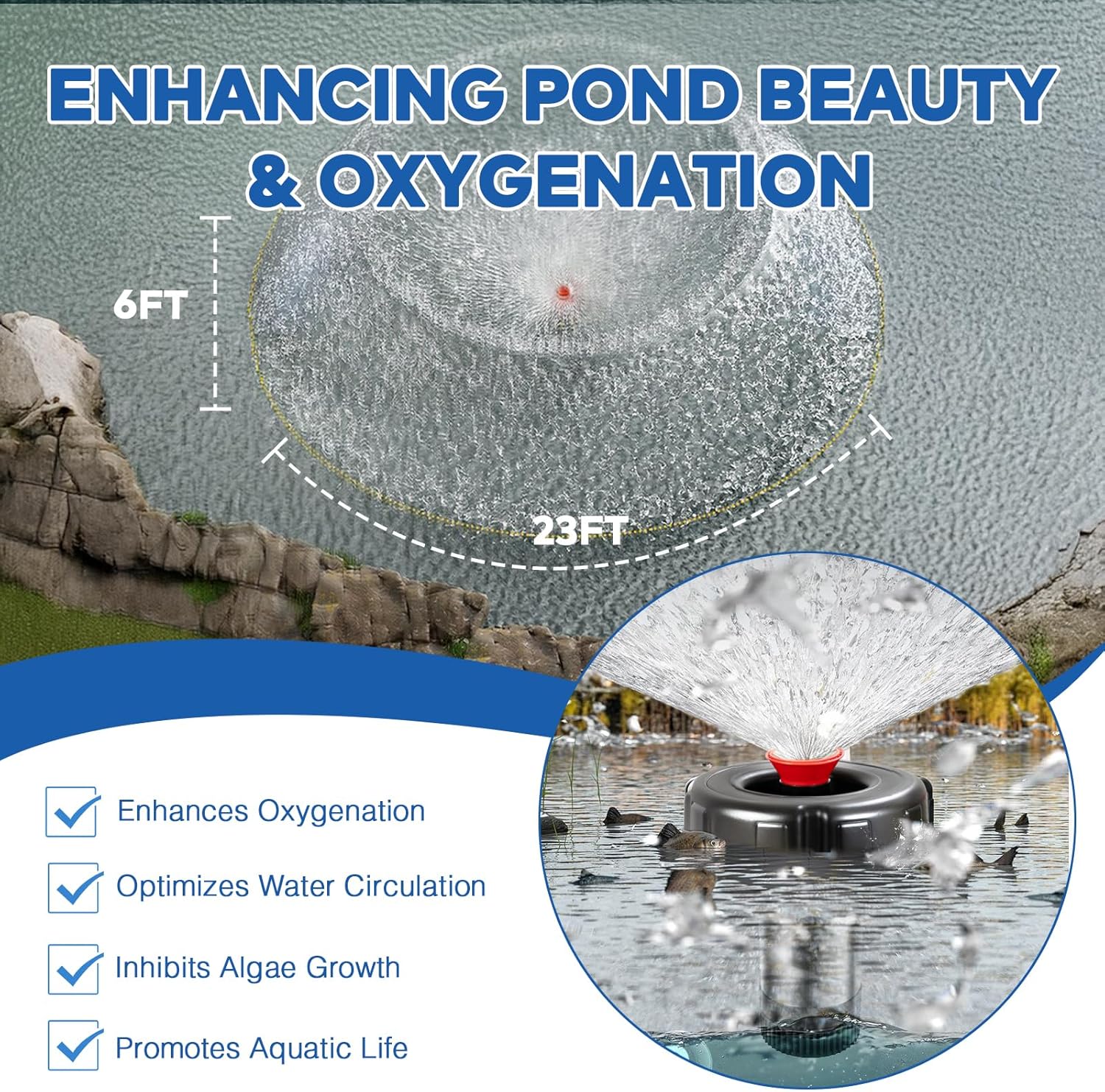 Pond Fountain Aerator, 1HP 15000 GPH Floating Fountain Pump with Timer & 100FT Cord, Stainless Steel Pond Jet System for Large Outdoor Ponds & Lakes