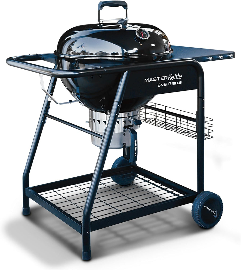 SnS Grills MasterKettle Charcoal Grill and Smoker with Patented Slow ‘N Sear Deluxe Insert, EasySpin Grate for Two-Zone Cooking and Integrated Table, Low ‘N Slow Smoking and BBQing - Black 22-Inch