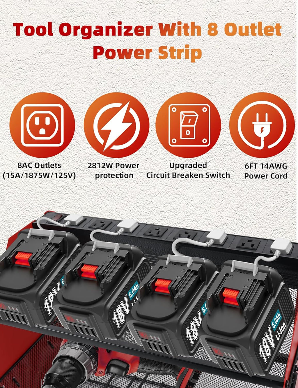 Power Tool Organizer wtih Charging Station，3 Layers Storage Rack with Screwdriver Rack 6 Drill Holders 8 Outlets Max Load 110lbs，for Workshop Garage Organizers and Storage Tool Battery Holder (red)