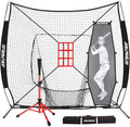 7'X7' Baseball Softball Practice Net,Pitching Net,Batting Net,with Baseball Tee,Bonus Strike Zone and Bow Frame,for Hitting,Pitching, Catching