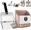Cat Litter Scooper with Holder, Metal Litter Scoop Includes Portable Small Broom and Dustpan Set, Heavy Duty Stainless Steel Litter Scoop with Coarse and Fine Grid, Quick Sift and Easy Clean