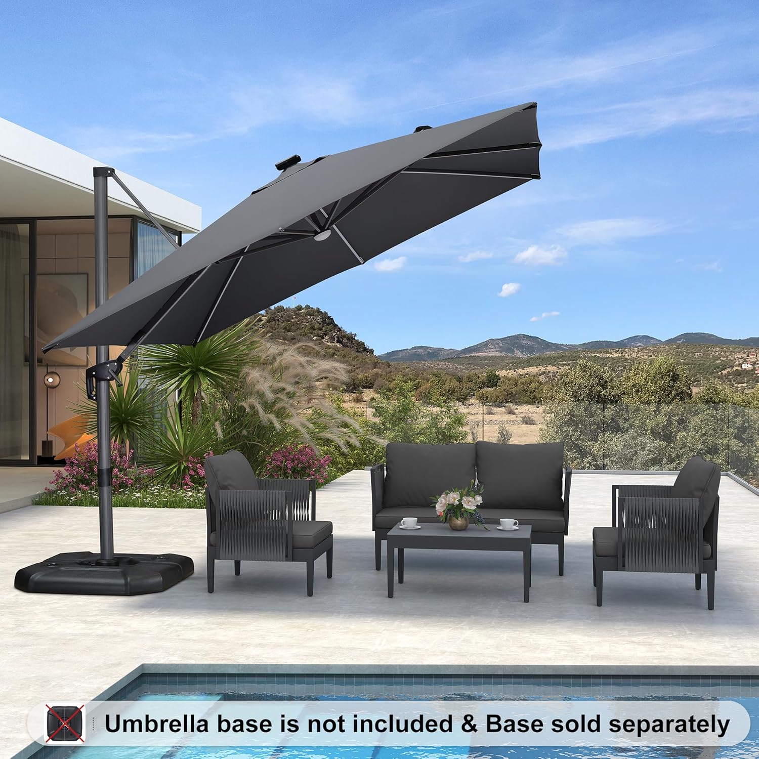 PURPLE LEAF 10 Feet Patio Umbrella Outdoor Cantilever Solar Powered LED Square Umbrella Aluminum Offset Umbrella with 360-degree Rotation for Garden Deck Pool Patio Light Grey