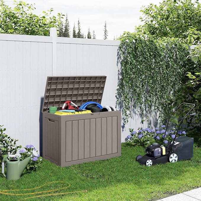 46 Gallon Outdoor Deck Box,Storage Lockable Waterproof Patio Furniture,Garden Tools,Cushions,Pool Accessories Outside Storage Resin Box(Light Brown)