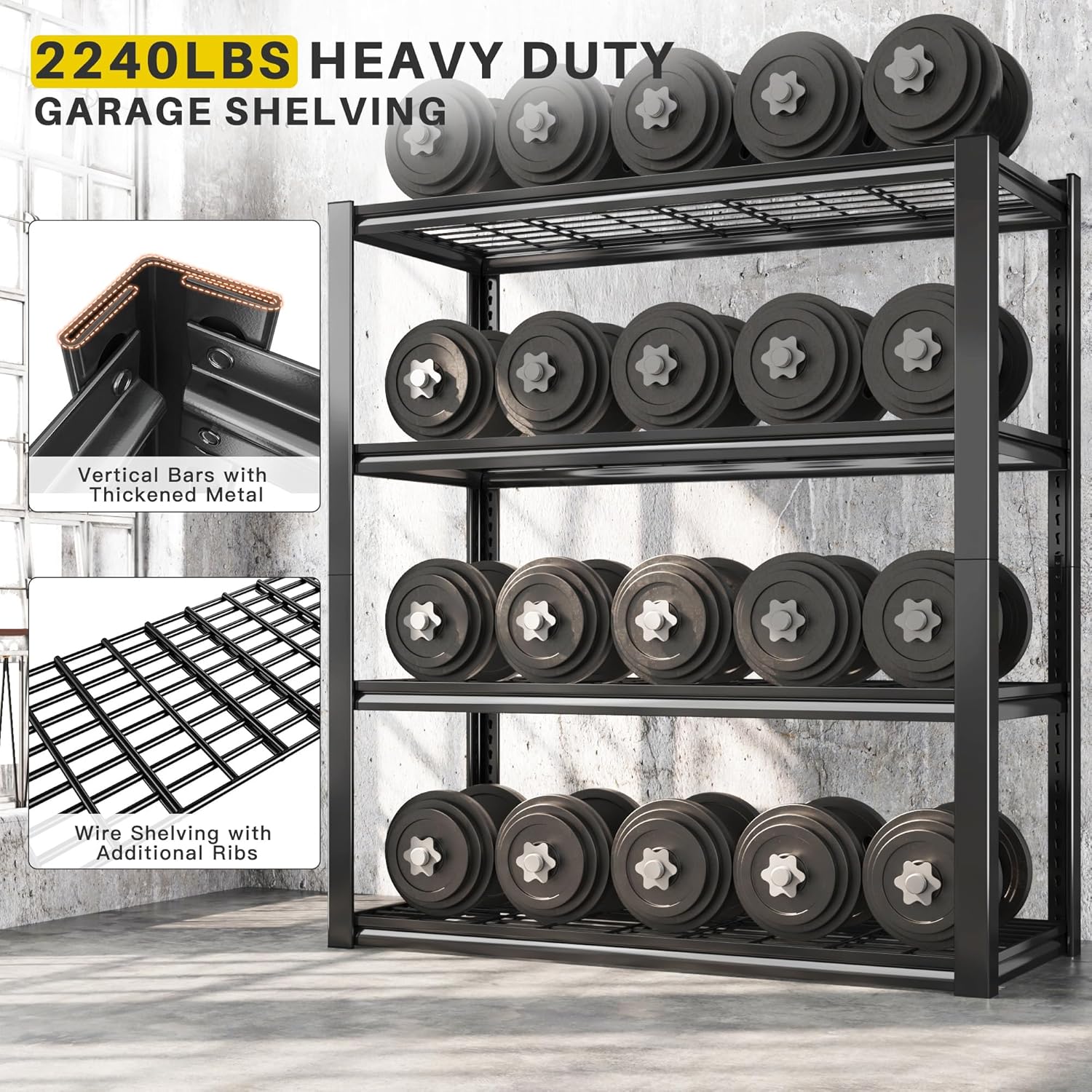 REIBII 40" W Garage Shelving 2240 LBS Storage Shelves Adjustable Metal Shelving Heavy Duty 4 Tier Metal Shelves for Garage Kitchen Pantry Warehouse Basement 40" W × 19.5" D × 59.5" H