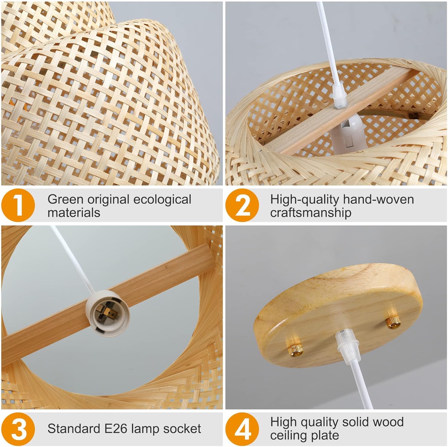 Bamboo Pendant Light - Boho Basket Chandelier Handmade Woven Pendant Light, Natural Wicker Rattan Hanging Chandelier for Kitchen Island Dining Room Living Room Porch