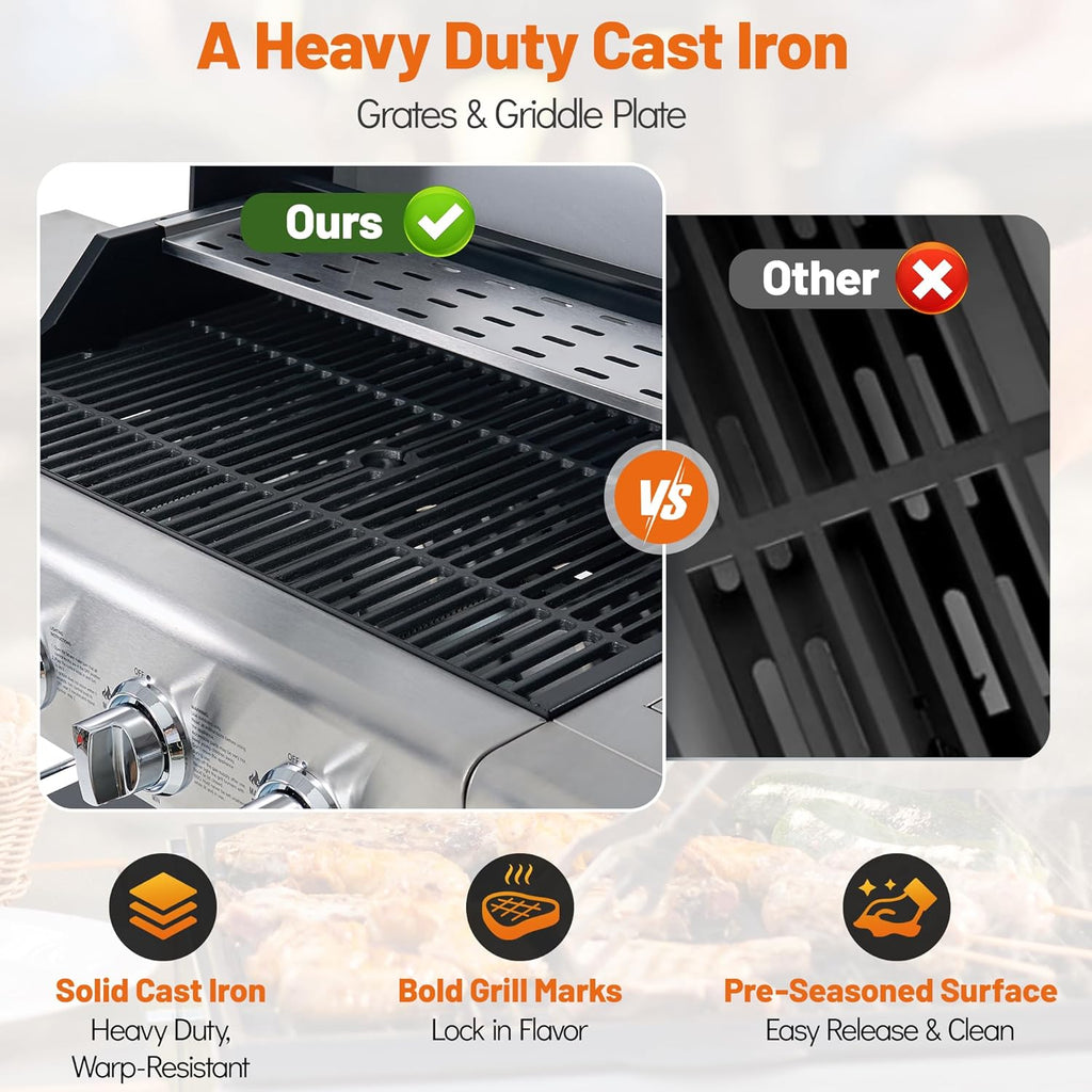 4-Burner Propane Gas Grill, Stainless Steel BBQ with 40,000 BTU, Foldable Side Shelves, Porcelain-Coated Grates, Ideal for Patio & Backyard Cooking (4&1 Burner)