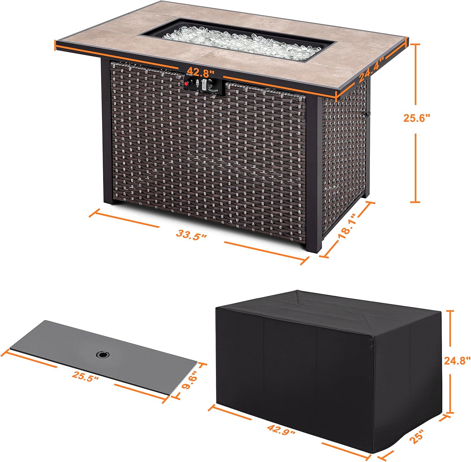 Nuu Garden Propane Fire Pit Table, CSA Certified 43 Inch 50,000 BTU Outdoor Propane Gas Fire Pit Table, Propnae Fire Pit with Ceramic Tabletop, Oxford Cover, 7 lbs Glass Stone, Dark Brown and Coffee