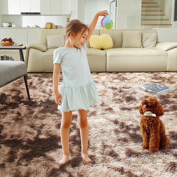 Ultra Soft Rug for Living Room, 5X8 Fluffy Shag Area Rug for Bedroom, Modern Shaggy Carpet Fuzzy Rug for Teens Dorm Nursery Home Decor Aesthetic, Upgrade Anti-Skid Durable, Tie-Dyed Coffee