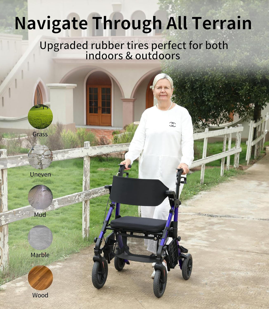 Transport-Wheelchair-Lightweight-Foldable, Walker Wheelchair Combo, Rollator-Walkers-for-Seniors-with-Seat, 2 in 1 Rolling Walker, 300lb Adults 4 Wheel Transport Chair w/Brakes & Pouch-FSA HSA