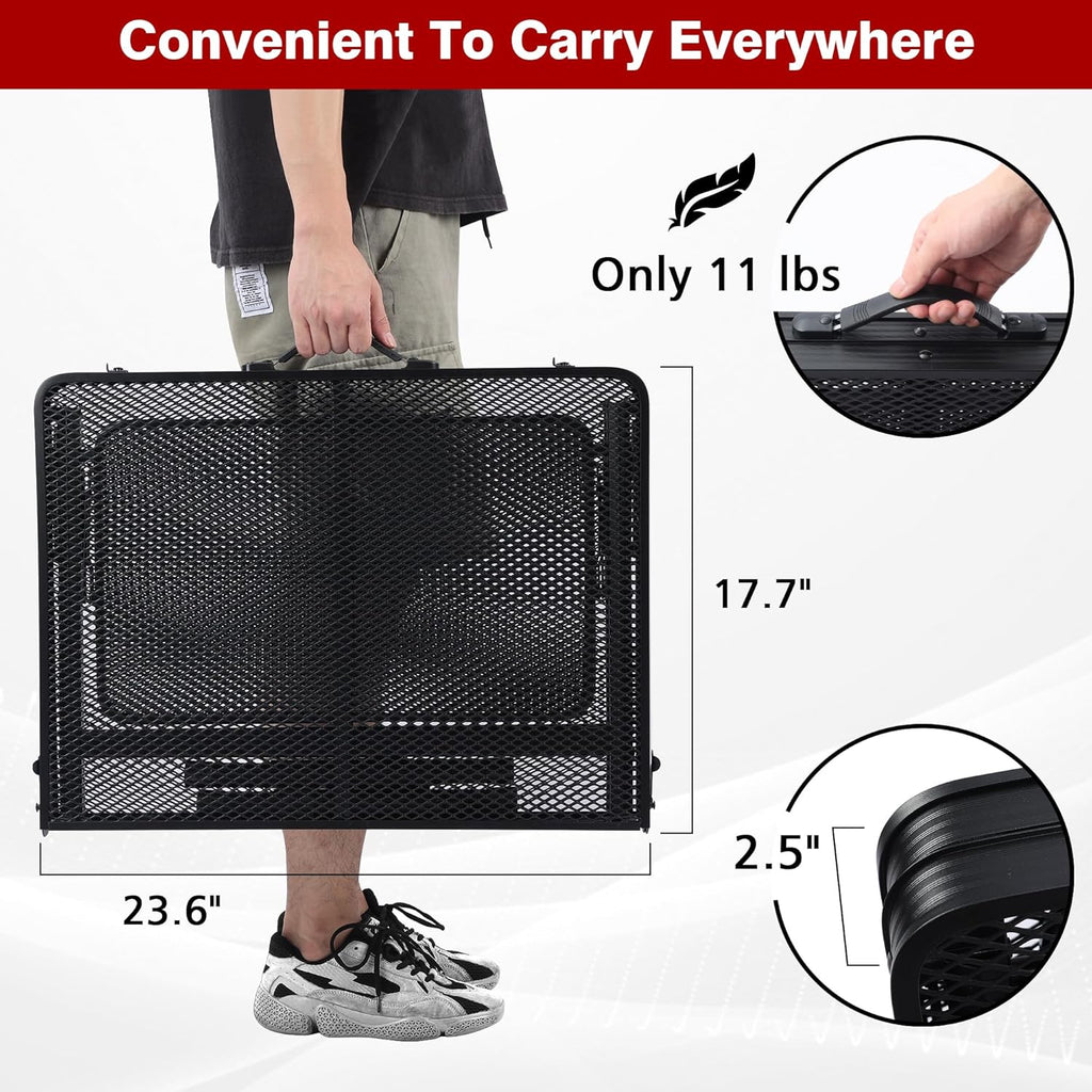 Folding Grill Table, 3x2 FT Portable Camping Table with 2 Wing Panels, Height Adjustable Metal Tables with Mesh Desktop and Mesh Bag, Outdoor Furniture for Camping, Picnic, Beach and BBQ, Black