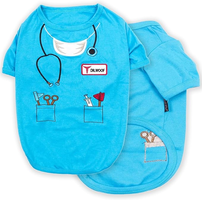 Parisian Pet Doctor Woof Dog Shirt - Embroidered Pirate Costume - 100% Cotton & Polyester - Blue Funny Dog Shirts - Pet Costume - 2XL