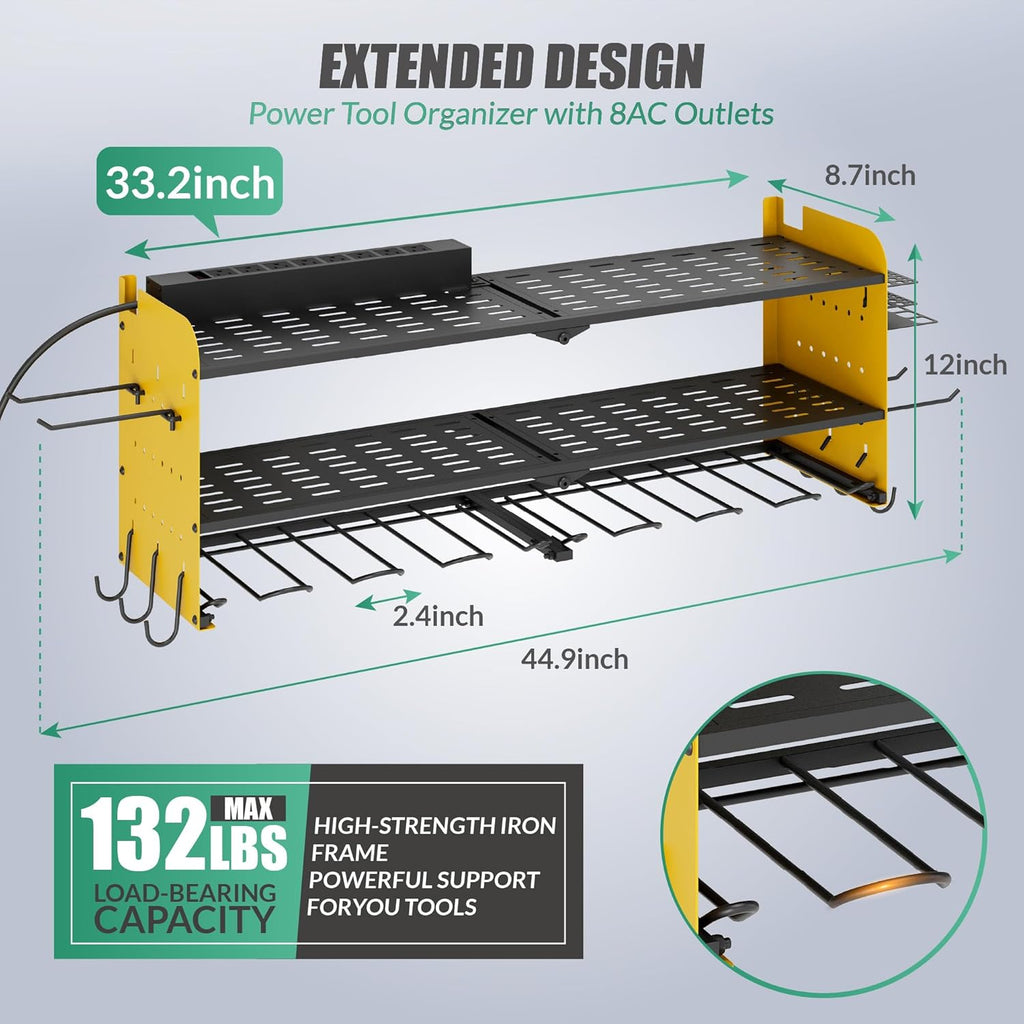 Suchtale Power Tool Organizer with Charging Station,33.2" Garage 8 Drill Holders Wall Mount,3 Layers Heavy Duty Metal Tool Shelf with 8 Outlets Power Strip, Gift for Men, Father, Yellow