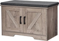 2-Tier Storage Bench, Shoe Bench with Padded Seat Cushion, Entryway Bench with 2 Barn Doors, Adjustable Shelf, 13.8" D x 27.6" W x 17.7" H, for Entryway, Living Room, Bedroom, Greige