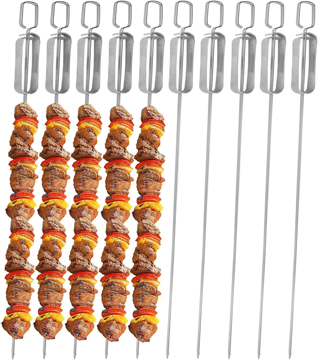 BBQ Skewers, Premium 304 Stainless Steel BBQ Skewers,15 Inch Heavy Duty Metal Kabob Sticks for Grilling, Reusable & Dishwasher Safe (Single fork10)