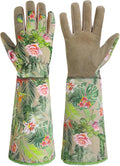HANDLANDY Leather Gardening Gloves for Women, Thorn Proof Breathable Ladies Rose Pruning Garden Gauntlet Yard Gloves, Gift for Gardeners (Khaki, L)