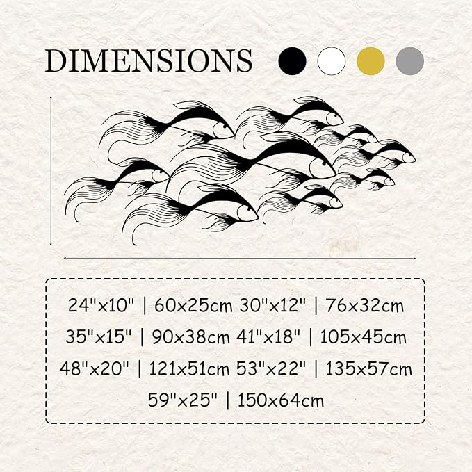 School of Fish Metal Wall Art, Metal Fish Wall Decor, Sea Life Wall Art, Large Nautical Wall Hanging, Modern Beach House Wall Decor, Ocean Themed Artwork for Bathroom (Gold, 24"x10" | 60x25cm)