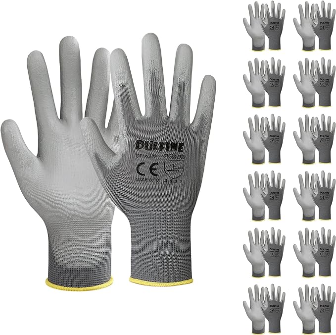 DULFINE Safety Work Gloves PU Coated-12 Pairs,Grey Seamless Knit Glove with Polyurethane Coated Smooth Grip on Palm & Fingers, for Men and Women, Ideal for General Duty Work (Extra Large)