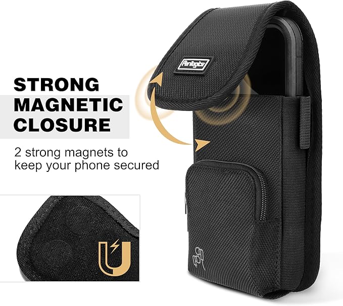 Perilogics Phone Holster with Magnetic Cover, Belt Clip Pouch Fits iPhone 17 Pro Max, 16 Pro Max, 16 Plus and Other Pro Max/Plus Models with Case Installed, with Zipper Storage & Card Pocket