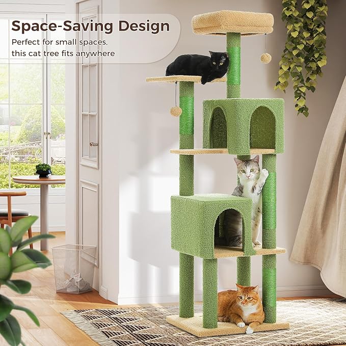 Cactus Cat Tree, 62-Inch Tall Multi-Level Cat Tower with Scratching Posts, Cat Condos for Large Indoor Cats, Plush Cat Bed w/Padded Perches, Scratching Pad & 2 Green Pompoms, Green