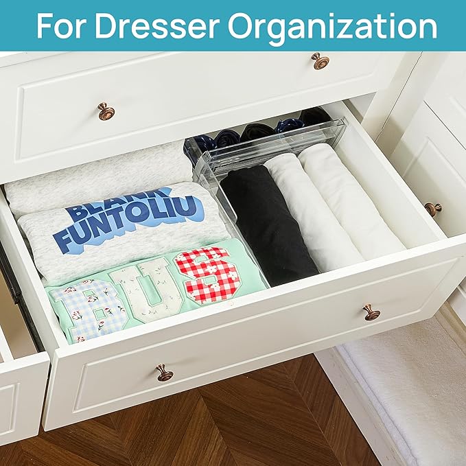 Vtopmart 4 Pack Drawer Dividers for Clothes, 4" High 10.2"-16.6" Adjustable Expandable Dresser Drawer Organizer, Clear Plastic Separators for Dresser, Baby Clothing, Underwear, Cosmetic, Toiletries