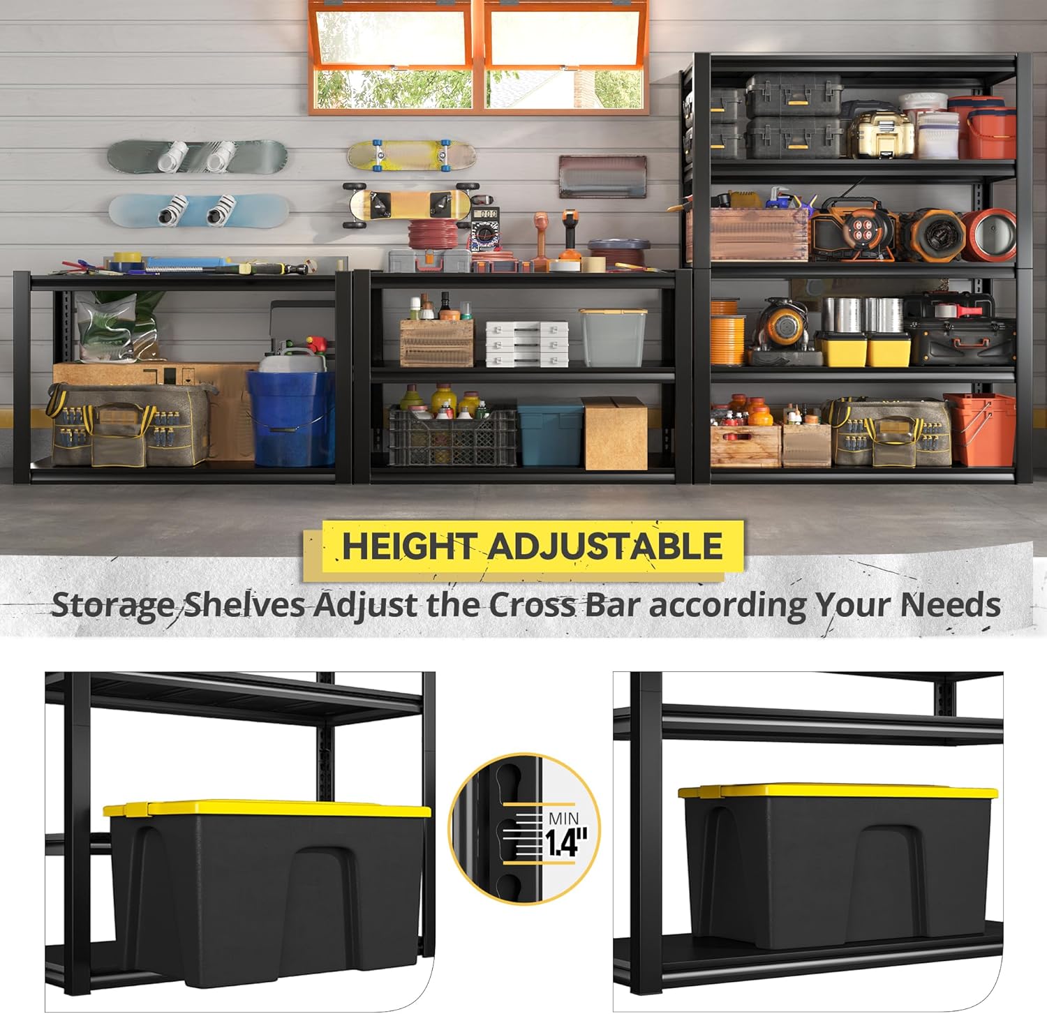 REIBII 2500LBS Garage Shelving 72" H Storage Shelves 39.8" W Metal Shelving Adjustable Garage Storage Shelves 5 Tier Heavy Duty Shelf for Basement Pantry Kitchen Warehouse