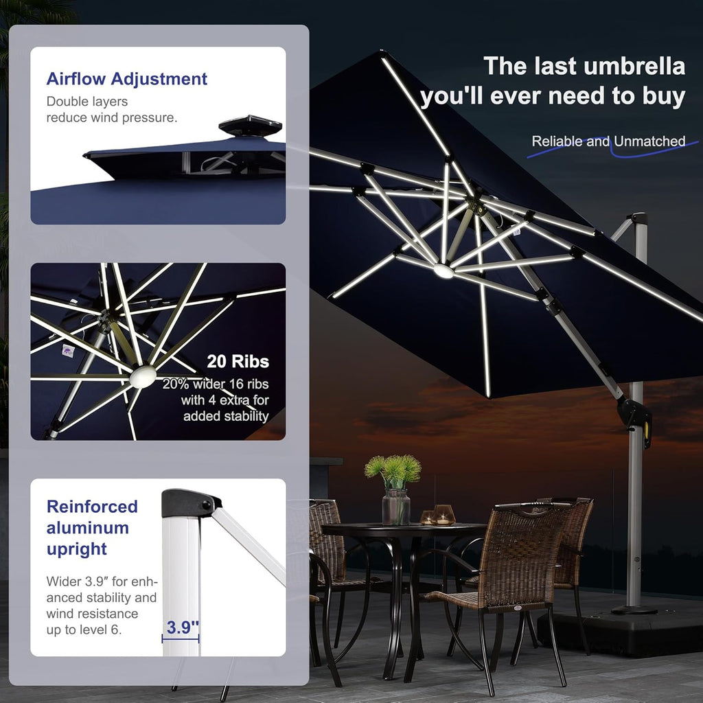 PURPLE LEAF 10' X 13' Double Top Deluxe Solar Powered LED Rectangle Patio Umbrella Offset Hanging Umbrella Outdoor Cantilever Umbrella, Navy Blue