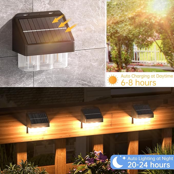 AOSEA Solar Fence Lights Waterproof, Deck Lights Solar Powered with Tungsten Bulbs, Solar Outdoor Lights for Garden Decor, Yard, Patio, Fence, 4 Pack (Warm White), Black, WL-L-003B-4PACK-24