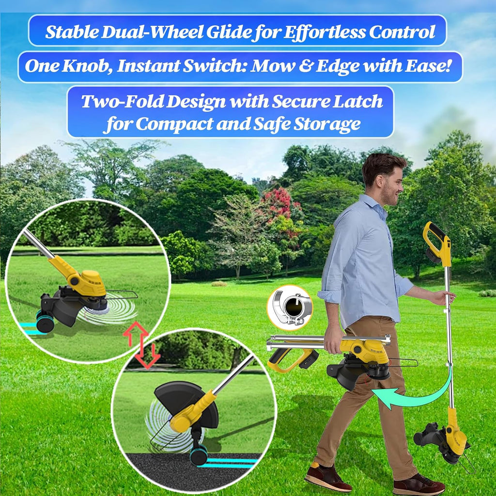 20000 RPM(6.0AhX2) Electric Weed Wacker,Dual-Durable-Line,Metal Blades,Wheel,4-in-1 Battery Powered Weed Eater Cordless+String Trimmer+Edger Lawn Tool+Brush Cutter,Weed Whacker