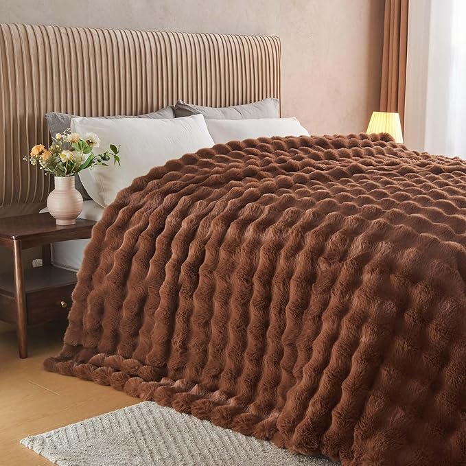 Lotus Karen Faux Fur Throw Blanket Dark Coffee - Big Bubble Rabbit Fluff Blanket for Couch Bed Sofa,Softest Fluffy Fuzzy Cozy Blanket,Thick Furry Plush Shaggy Warm Blankets for Women,50x60 Inches