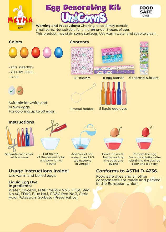 METMA 1999 Egg Decorating Kit Unicorns - Complete Decorative Eggs Set with Liquid Dyes, Stickers, Egg Spinner, and More - Fun Easter Egg Dye Kit Arts and Crafts for Kids