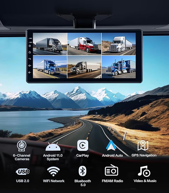 6-Channel 1080P Dash Cam Backup Camera System with 10.33 Inch Touch Screen Parking Monitor, Back Up Camera Car Radio for RV/Truck/Trailer/Van/SUV/Cars,Wireless Carplay/Android Auto/WiFi/Bluetooth/FM
