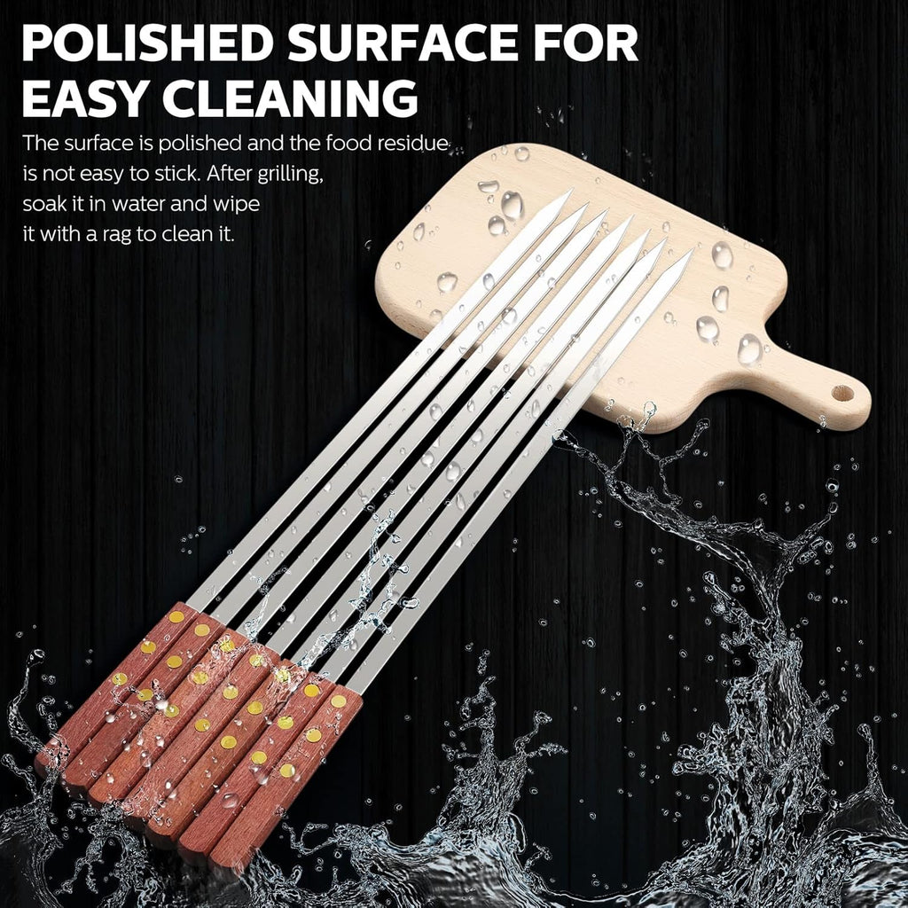 Cunhill 12 Pcs 19.7 Inch Kabob Skewers for Grilling 0.4 Inch Wide Flat Blade Thin Stainless Steel Kabob Sticks Long Barbecue Reusable Metal BBQ Skewers with Wood Handles for Tailgate Party Outdoor