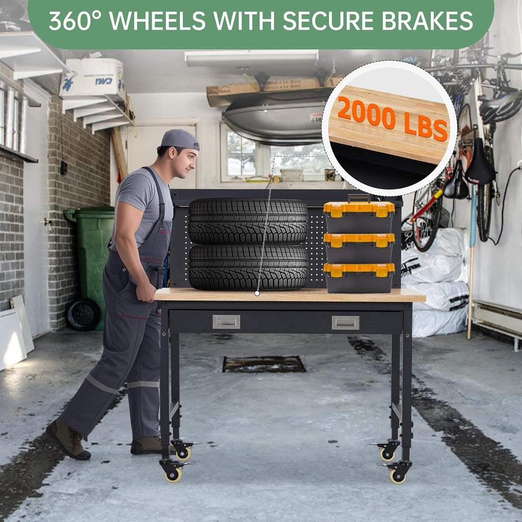 48'' Adjustable Workbench, Heavy Duty Workbench with Drawer and Backplate, 2000 LBS Capacity Work Table with Power Outlet and Lockable Wheels, Suitable for Office, Garage, Workshop