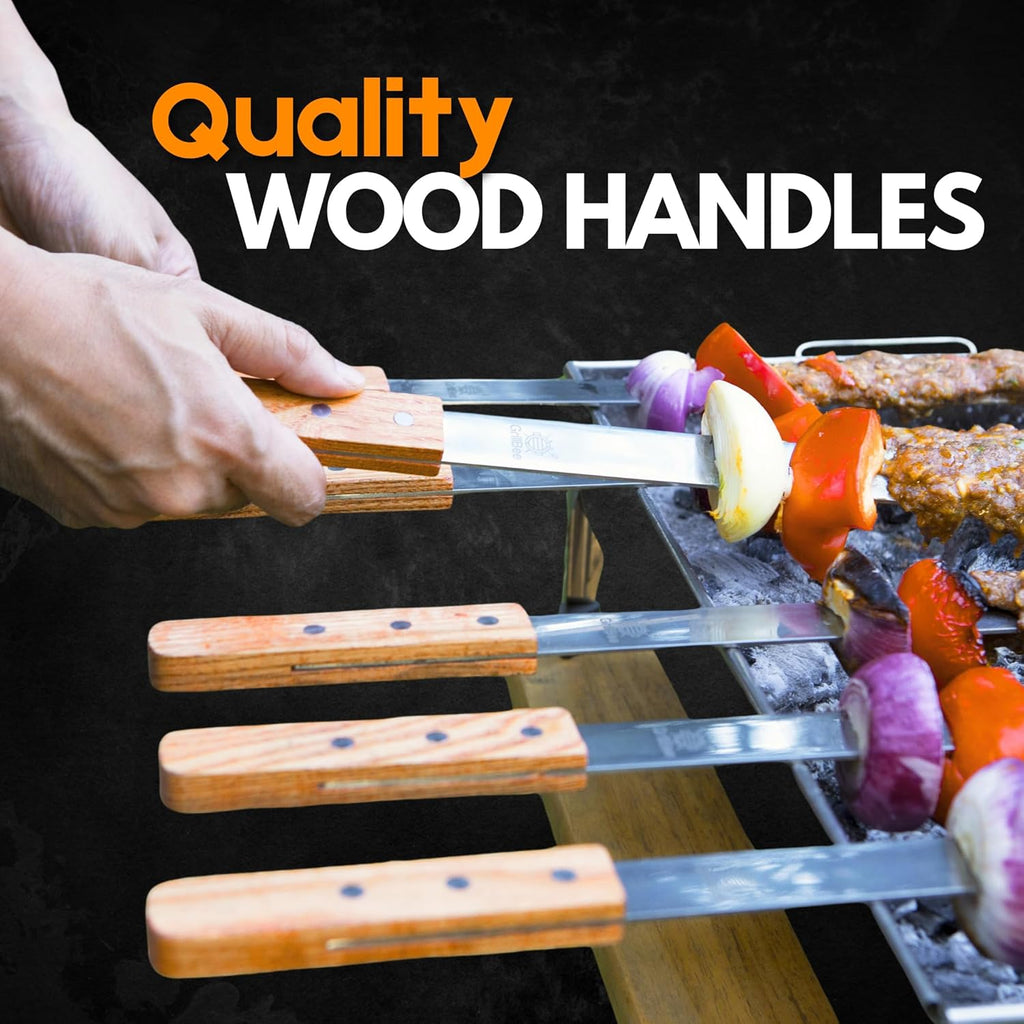 Premium Kabob Skewers 23 inch Long and 1 inch Wide Stainless Steel Flat Reusable Metal Skewers for Grilling BBQ - Making Brazilian Koobideh Chicken Kebab, 8pc Set with Bag