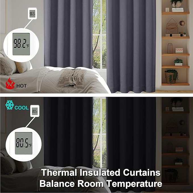Simplebrand Ava Grey Blackout Curtains for Bedroom 72 Inch Length 2 Panels Set, Privacy Thermal Insulated Rod Pocket Door Window Curtains for Patio French Door Front Door, W40 x L72 Inch, Grey