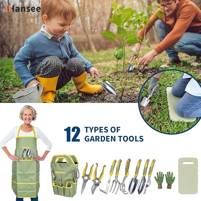 Set of 12 Garden Tool, iHansee Heavy-Duty Aluminum Gardening Hand Tools with Rubber Non-Slip Handle, Garden Apron, Gloves, Kneeling Pad and Storage Bag, Garden Hand Tools Starter Kit Landscaping Tools