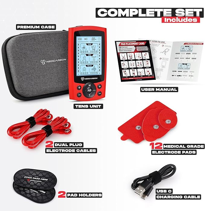 TENS Unit Muscle Stimulator, Electronic PMS Pulse Massager Machine for Shock Physical Therapy, Back Pain Relief, Shoulder Recovery, Red
