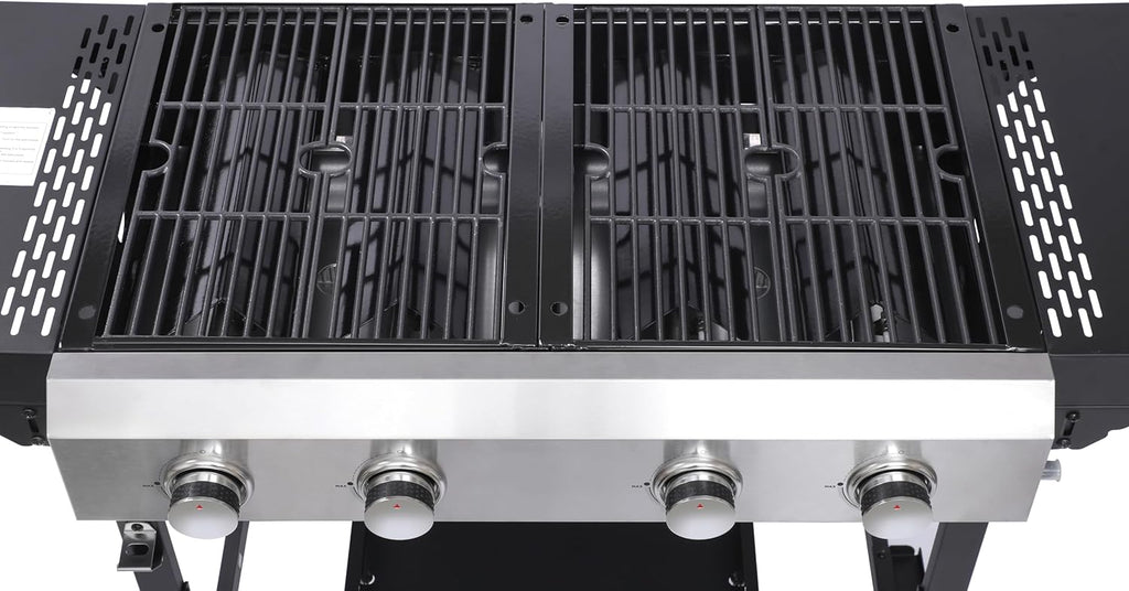 4-Burner Propane Gas BBQ Grill with SS Plancha, 38,200 BTU Output, Wire Enamel Cooking Grids, Foldable Side Table and Hanging Basket, Heavy-Duty Stainless Steel Grill