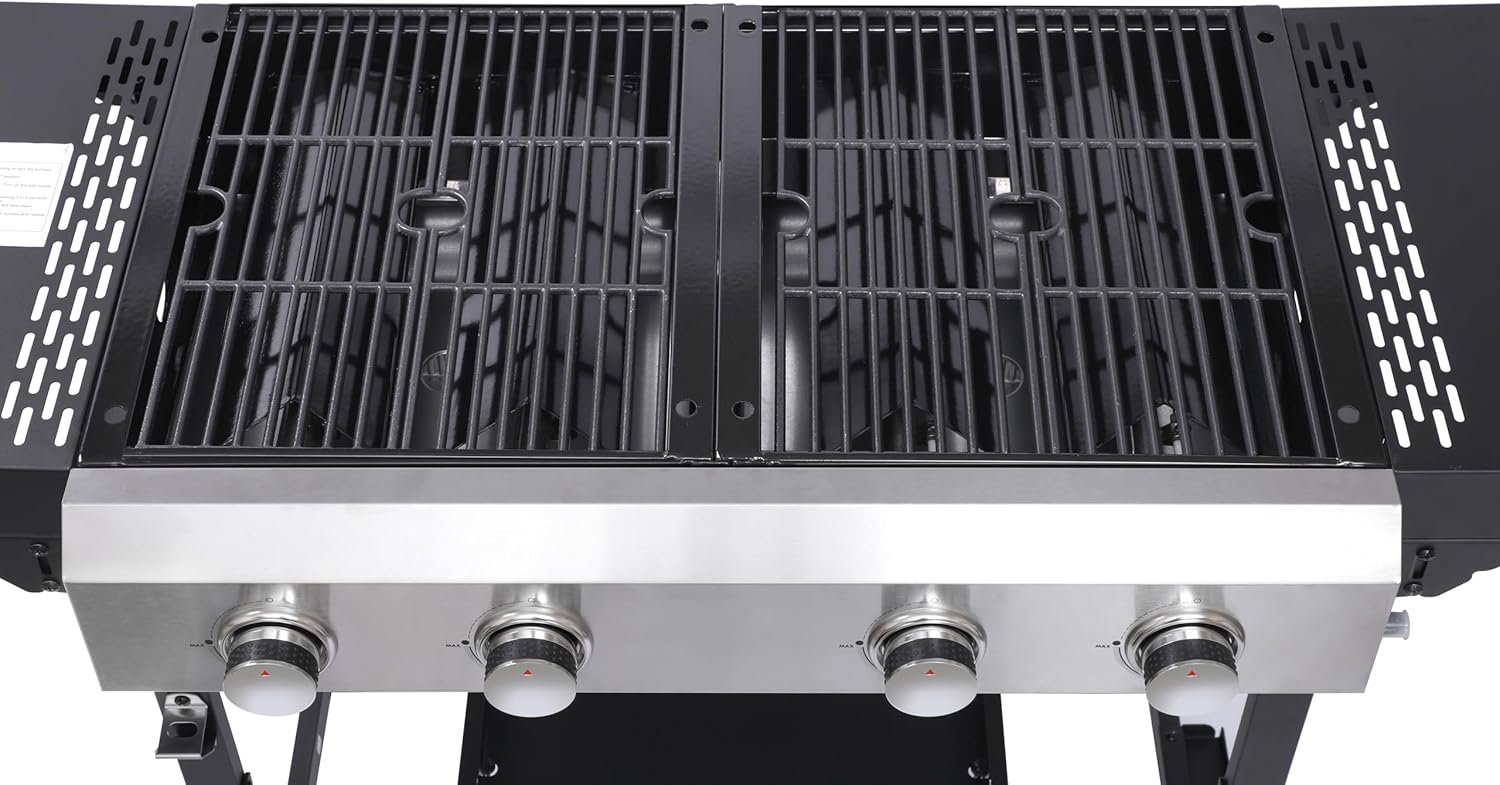 4-Burner Propane Gas BBQ Grill with SS Plancha, 38,200 BTU Output, Wire Enamel Cooking Grids, Foldable Side Table and Hanging Basket, Heavy-Duty Stainless Steel Grill