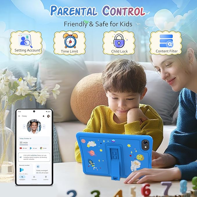 Kids Tablet 10 inch, Android 15 Tablets for Kid, Parental Control, Pre-Installed Kiddos Software & Kids Space, Includes Case & Stylus Pen, 12GB RAM 64GB ROM, 2TB Expand, HD IPS Screen(Blue)