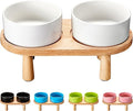 Ceramic Elevated Dog Bowls, Pet Food and Water Bowl Set for Small Dogs and Cats, 1.7 Cups Elevated Cat Bowls with Wood Stand, 14OZ, White