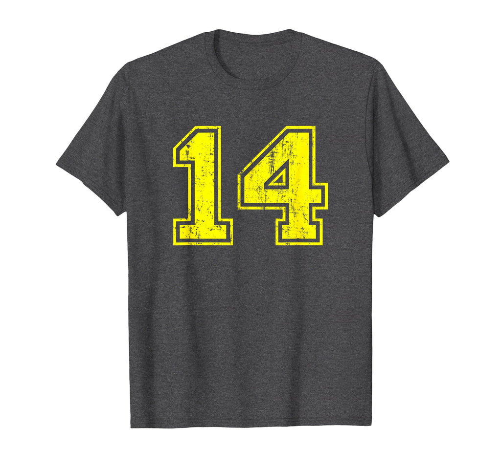 Number 14 Varsity Distressed Sport Team T-Shirt - Trendy Graphic Men Women
