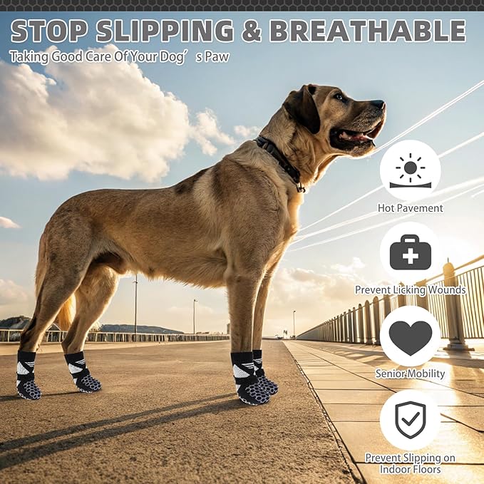 KOOLTAIL Dog Socks for Hot Pavement, Summer Breathable Dog Socks to Prevent Licking Paws, Non Slip Pet Boots & Paw Protectors for Hardwood Floor,Grippy Shoes for Small Medium Large Senior Dogs,Black S
