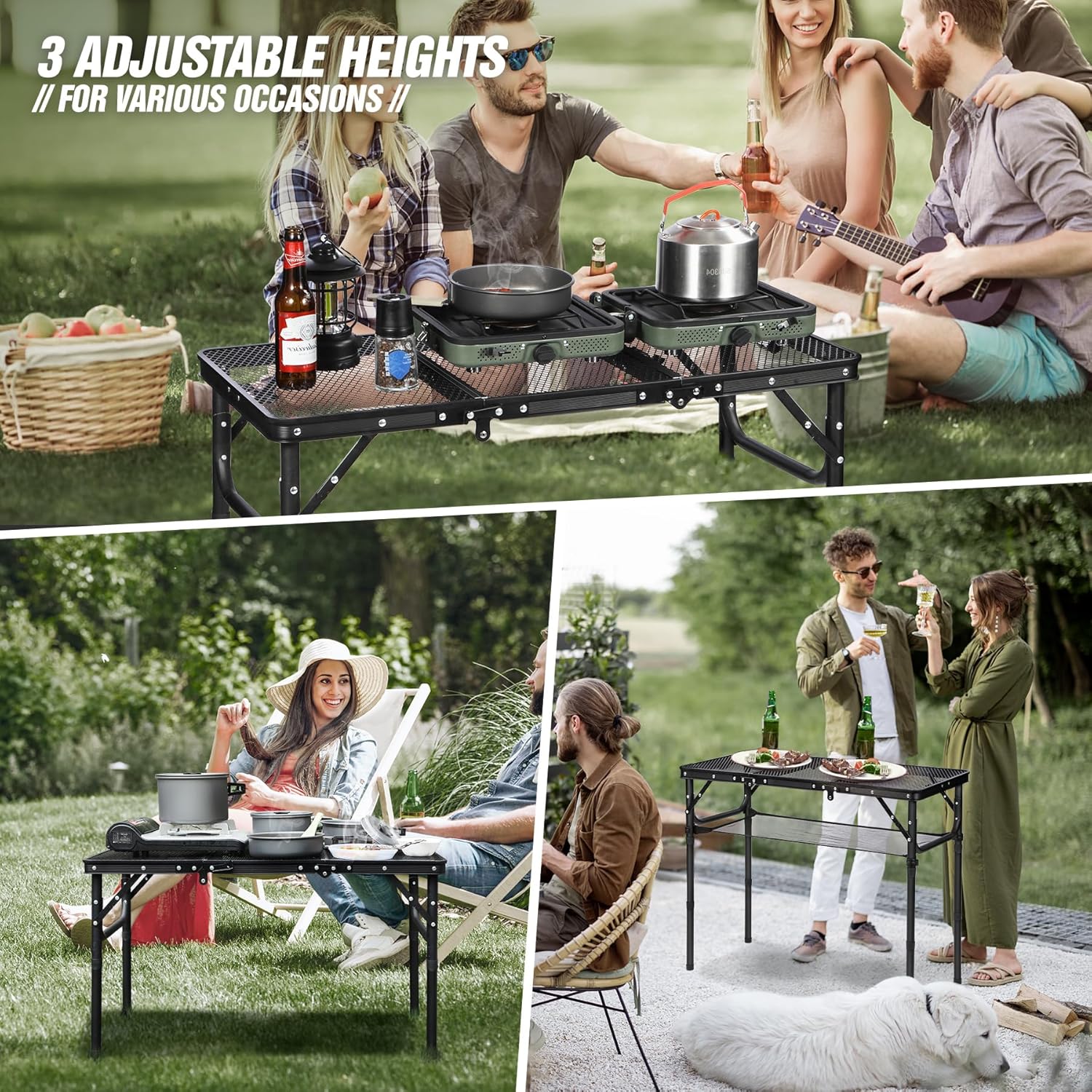 REDCAMP Small Triple fold Folding Grill Table for Outside, 3 Heights Adjustable Lightweight Portable Metal Aluminum Frame Outdoor Table for Camping Picnic Cooking BBQ, Black, 34x16 inches